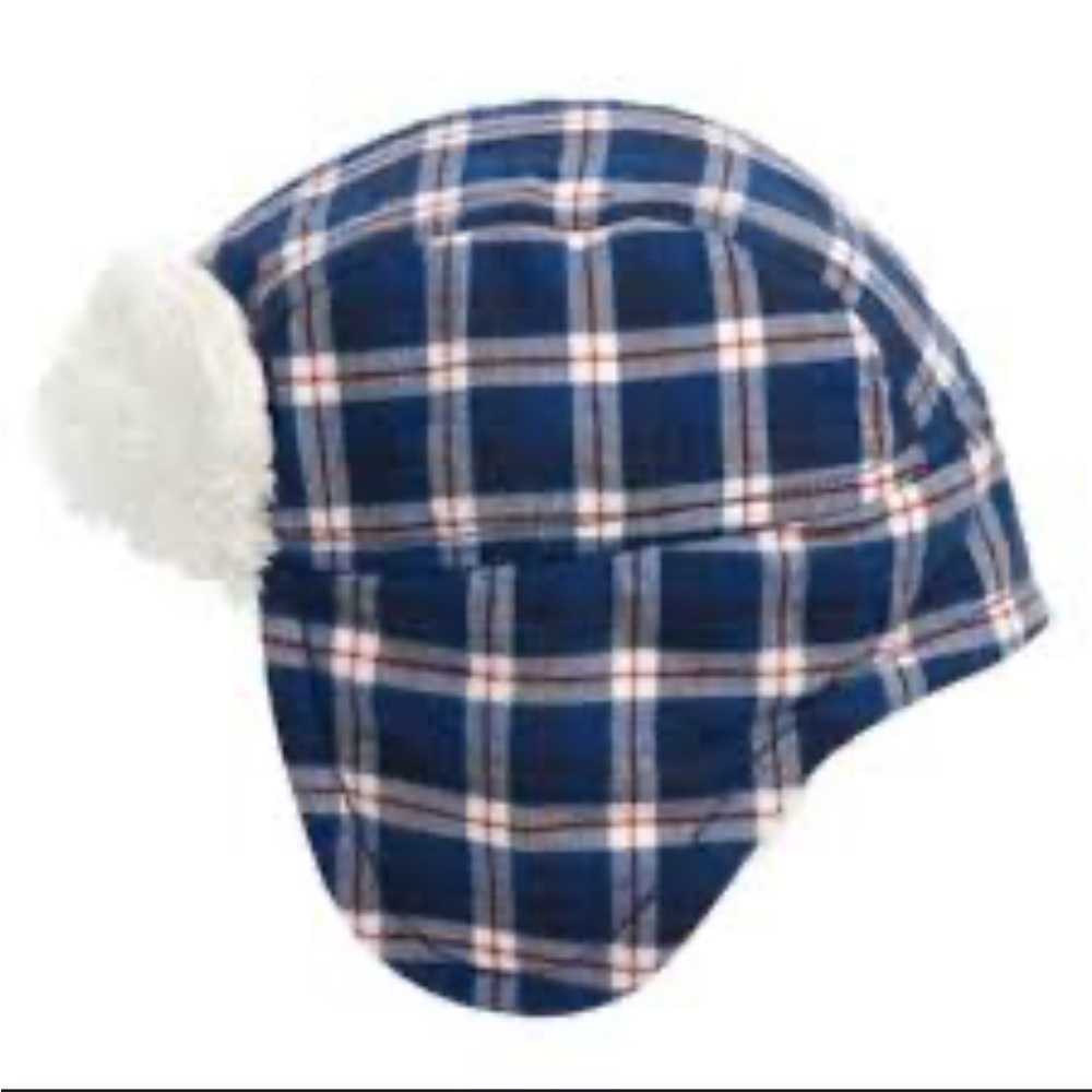 Tucker + Tate Faux Fur Lined Blue Plaid Flight Check Baby Hat